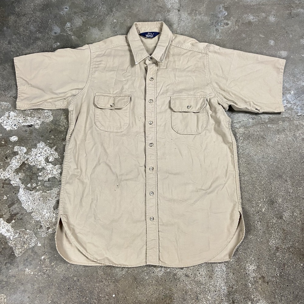 Vintage 80s Woolrich Button Down Shirt Size XL Beige Short Sleeve Work Wear